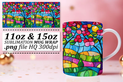 Stained Glass Tree Mug Wrap 11oz/15oz Vibrant Colors Sublimation afrosvg 