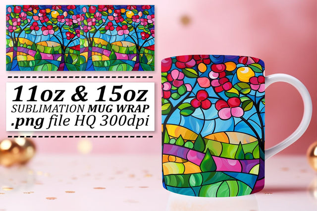 Stained Glass Tree Mug Wrap 11oz/15oz Vibrant Colors Sublimation afrosvg 