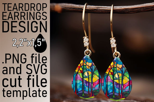 Stained Glass Tree Teardrop Earrings Colorful Art Sublimation afrosvg 