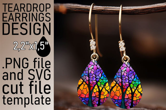 Stained Glass Tree Teardrop Earrings Colorful Art Sublimation afrosvg 