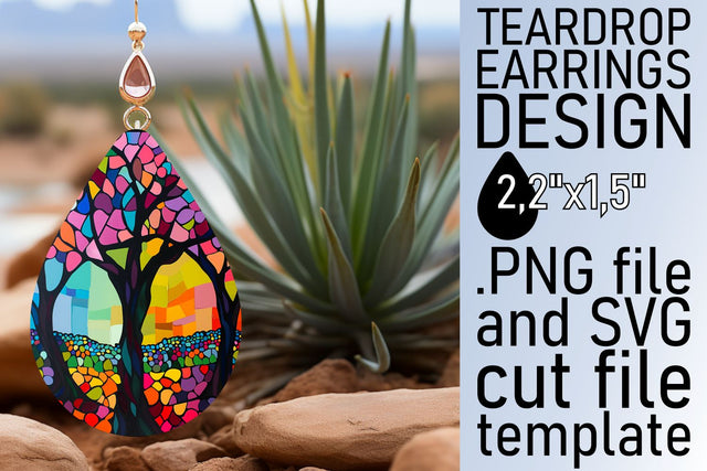 Stained Glass Tree Teardrop Earrings Colorful Art Sublimation afrosvg 