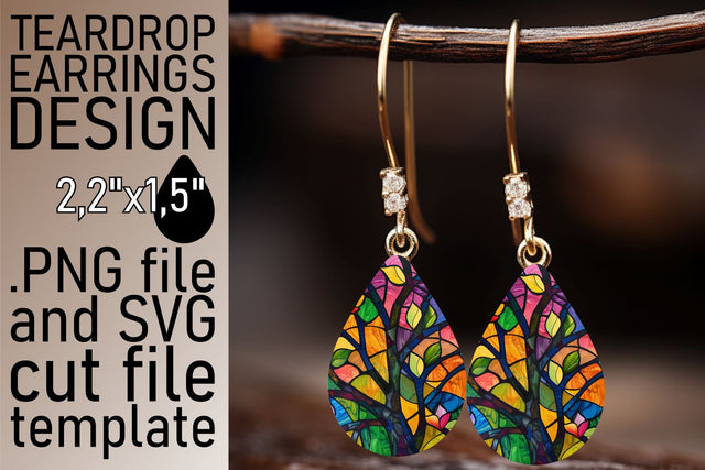 Stained Glass Tree Teardrop Earrings Colorful Art Sublimation afrosvg 