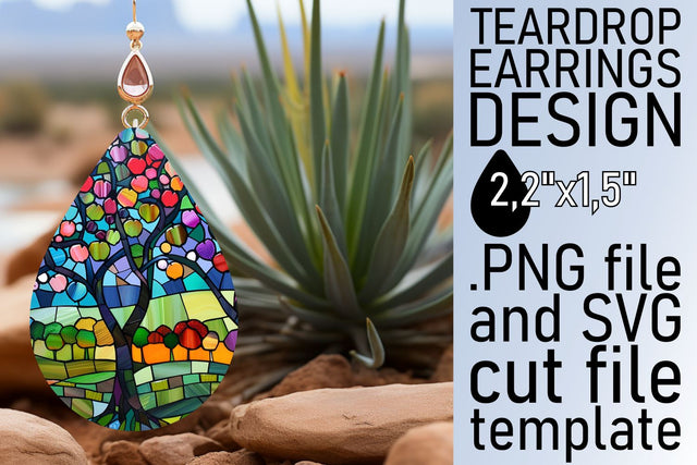 Stained Glass Tree Teardrop Earrings Colorful Art Sublimation afrosvg 
