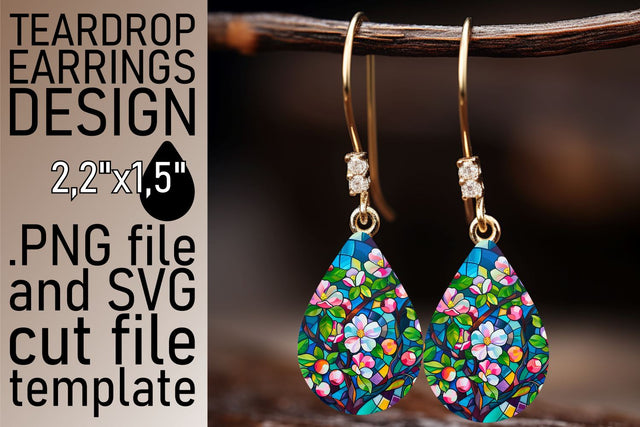 Stained Glass Tree Teardrop Earrings Colorful Design Sublimation afrosvg 