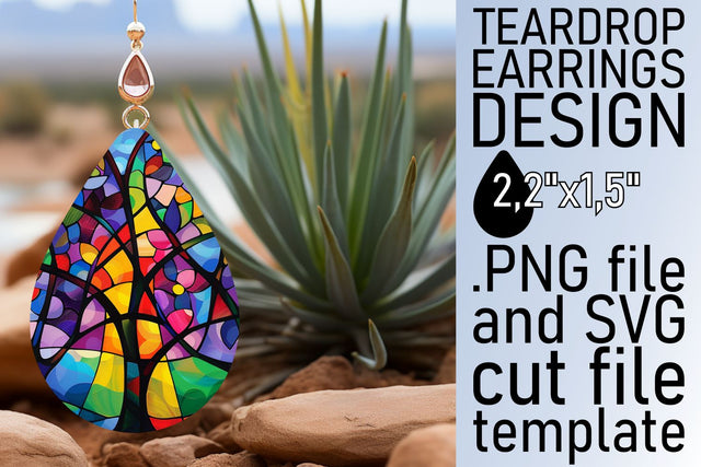 Stained Glass Tree Teardrop Earrings Colorful Design Sublimation afrosvg 