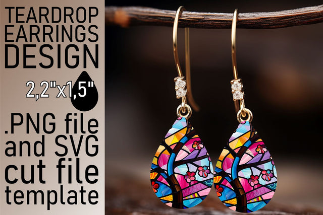 Stained Glass Tree Teardrop Earrings Colorful Design Sublimation afrosvg 