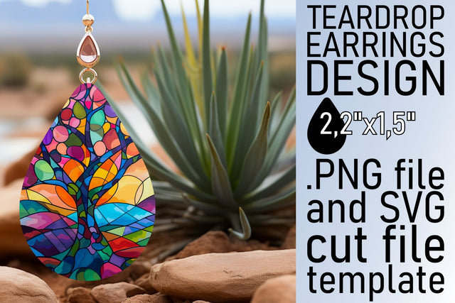 Stained Glass Tree Teardrop Earrings Colorful Design Sublimation afrosvg 