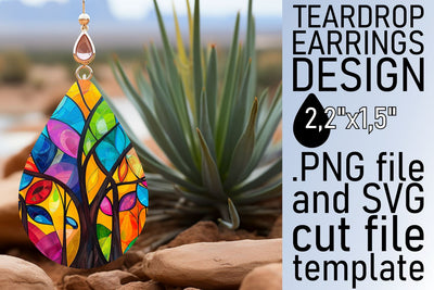 Stained Glass Tree Teardrop Earrings Colorful Design Sublimation afrosvg 