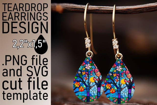 Stained Glass Tree Teardrop Earrings Colorful Design Sublimation afrosvg 