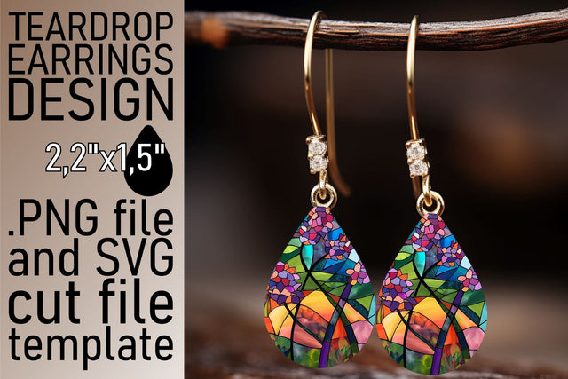 Stained Glass Tree Teardrop Earrings Colorful Design Sublimation afrosvg 
