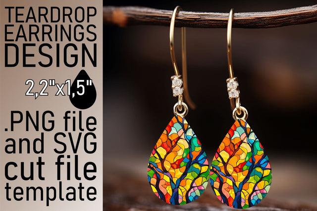 Stained Glass Tree Teardrop Earrings Colorful Design Sublimation afrosvg 