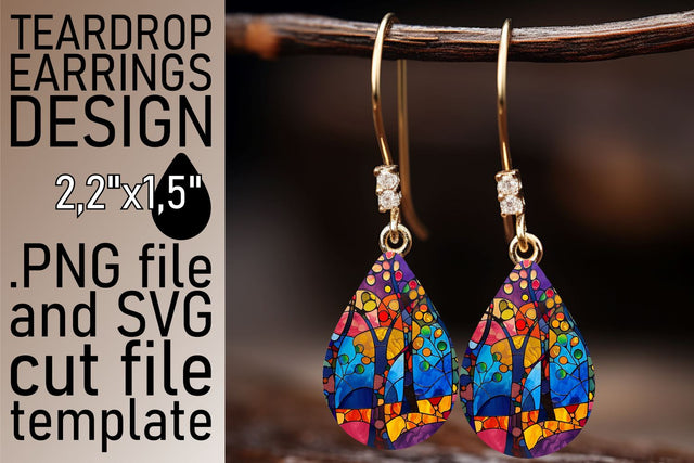 Stained Glass Tree Teardrop Earrings Colorful Design Sublimation afrosvg 