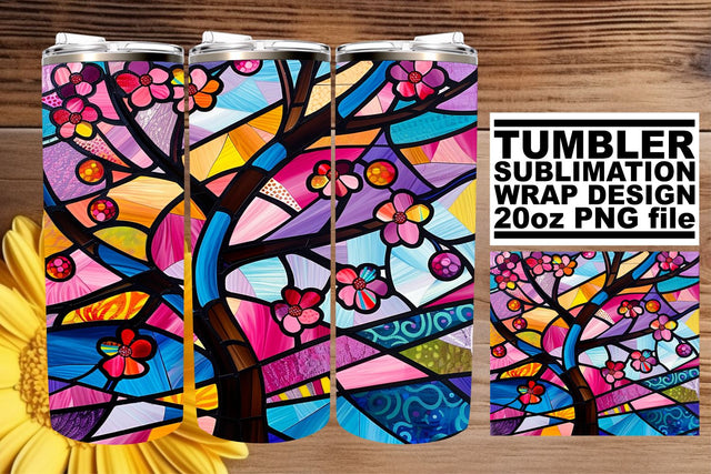 Stained Glass Tree Tumbler 20oz Wrap Colorful Design Sublimation afrosvg 