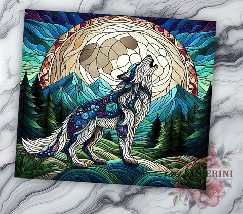 Stained Glass Wolf 20oz Tumbler Wrap PNG, Wolf & Full Moon Tumbler Png, Straight & Tapered Tumbler Wrap, Instant Digital Download Sublimation Li Zamperini 