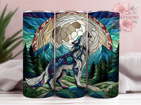 Stained Glass Wolf 20oz Tumbler Wrap PNG, Wolf & Full Moon Tumbler Png, Straight & Tapered Tumbler Wrap, Instant Digital Download Sublimation Li Zamperini 