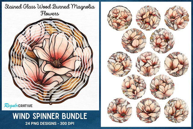 Stained Glass Wood Burned Magnolia Flowers Wind Spinner Bundle Sublimation Regulrcrative 