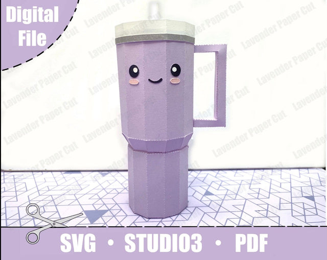 Stanley Tumbler Cup 3D SVG Cut File for Cricut or Silhouette, Kawaii 3D Paper Model SVG Lavender Paper Cut 