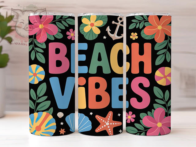 Star Beach Vibes 20oz Tumbler, Star Beach Vibes Quote, Tropical Coastal Illustration, Vibrant Retro Style, Ocean Inspired Design, Sublimation Tumbler Wrap, 20oz Tumbler Sublimation Lara' s Designs 