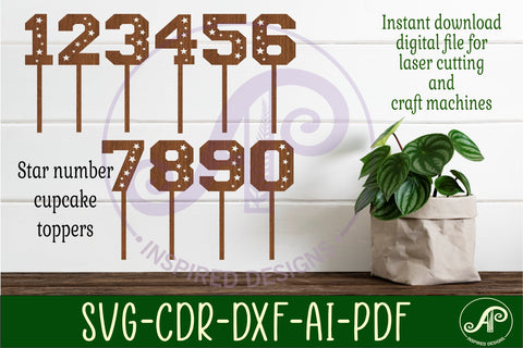 Star number cupcake toppers, 10 designs SVG laser cut SVG APInspireddesigns 