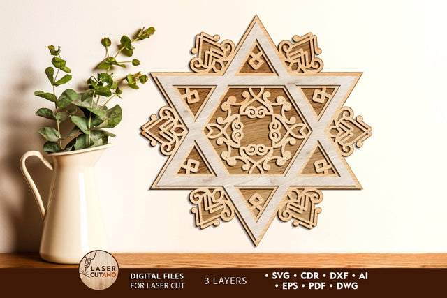 Star of David, Multilayer Wall Decoration, Cut Files, Wood Cut and Paper Cut Tempaltes SVG LaserCutano 