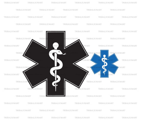 Star of Life with Rod of Asclepius. Caduceus Snake with Stick. Rod of Asclepius. Emergency symbol. SVG TribaliumArtSF 