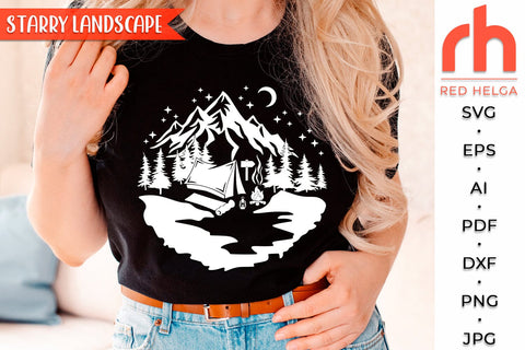Starry Landscape SVG, Lake and Mountains Cut File, Camper Shirt, Outdoor Theme, Forest Design DXF, Woodland Scene SVG RedHelgaArt 