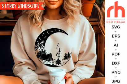 Starry Landscape SVG, Moon and Mountains Cut File, Camper Shirt, Outdoor Theme, Forest Design DXF, Woodland Scene SVG RedHelgaArt 
