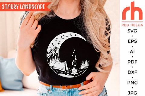 Starry Landscape SVG, Moon and Mountains Cut File, Camper Shirt, Outdoor Theme, Forest Design DXF, Woodland Scene SVG RedHelgaArt 