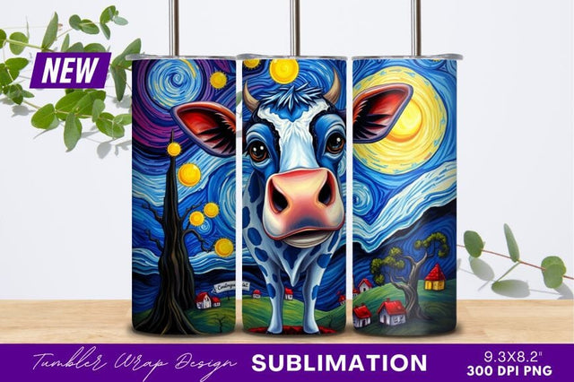 Starry Night Cow Whimsical Art Tumbler Png Sublimation Regulrcrative 