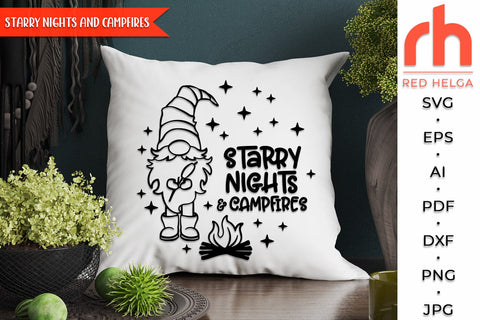 Starry Nights and Campfires SVG, Summer Shirt Cut File, Window Decor DXF, Camping Design Vector, Gnome with a Sausage Outline SVG RedHelgaArt 