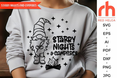Starry Nights and Campfires SVG, Summer Shirt Cut File, Window Decor DXF, Camping Design Vector, Gnome with a Sausage Outline SVG RedHelgaArt 