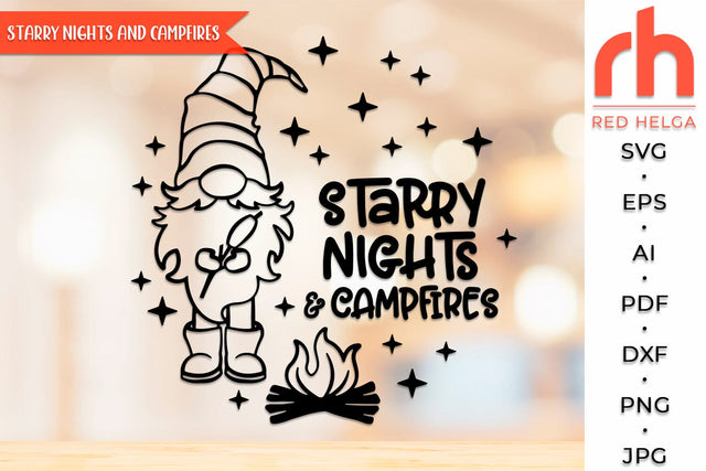 Starry Nights and Campfires SVG, Summer Shirt Cut File, Window Decor DXF, Camping Design Vector, Gnome with a Sausage Outline SVG RedHelgaArt 