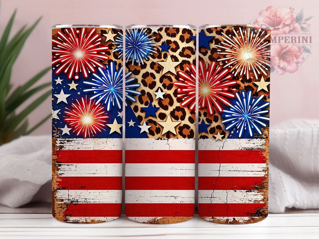 Stars Leopard Fireworks 20oz Tumbler, Stars Pattern, Leopard Print, Fireworks Theme, Patriotic Style, Bold Design, Skinny Tumbler, Sublimation PNG Sublimation Li Zamperini 