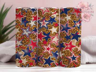 Stars Leopard Leather 20oz Tumbler, Stars Pattern, Leopard Print, Leather Texture, Bold Style, Patriotic Motif, Skinny Tumbler, Sublimation PNG Sublimation Li Zamperini 