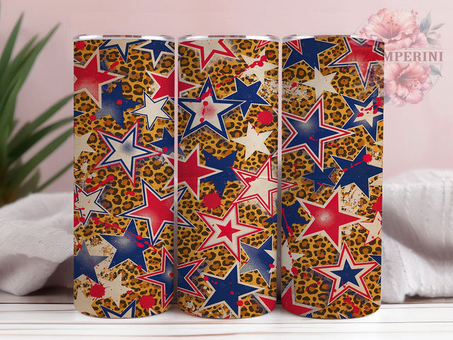 Stars Leopard Leather 20oz Tumbler, Stars Pattern, Leopard Print, Leather Texture, Bold Style, Patriotic Motif, Skinny Tumbler, Sublimation PNG Sublimation Li Zamperini 