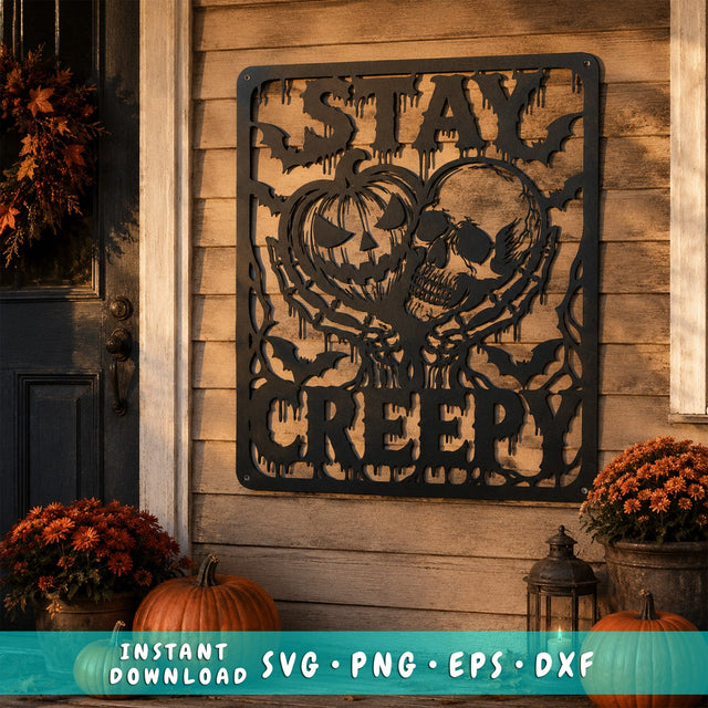Stay Creepy Halloween Laser SVG | Skeleton Pumpkin DXF | Spooky Halloween Metal Art | CNC Plasma Cut File | Halloween Porch Sign SVG HappyDesignStudio 