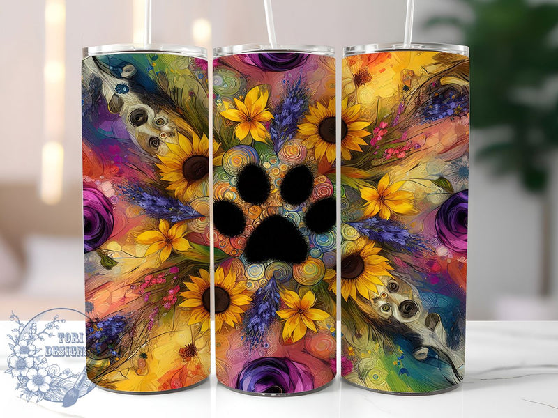 Stay Pawsitive Sunflower Tumbler, Pet Paw, Sunflower Art, Animal Lover, Positive Message, 20Oz Tumbler, Sublimation Wrap Sublimation ToriDesigns 