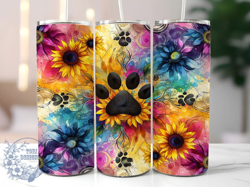 Stay Pawsitive Sunflower Tumbler, Pet Paw, Sunflower Art, Animal Lover, Positive Message, 20Oz Tumbler, Sublimation Wrap Sublimation ToriDesigns 