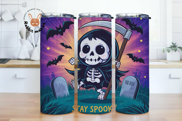 Stay Spooky Funny Grim Reaper Halloween 20oz Skinny Tumbler Png, Snarky Skeleton Sublimation Design Sublimation Rabbitmakies 