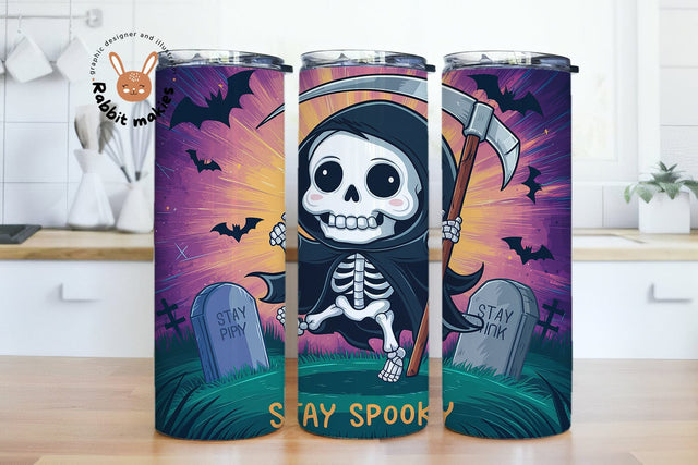 Stay Spooky Funny Grim Reaper Halloween 20oz Skinny Tumbler Png, Snarky Skeleton Sublimation Design Sublimation Rabbitmakies 