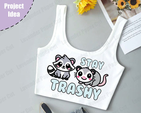 Stay Trashy Possum Raccoon SVG, PNG, JPEG, Clipart, Sublimation. Kawaii Possum, Cute Racoon T shirt Design SVG Lavender Paper Cut 