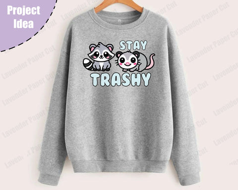 Stay Trashy Possum Raccoon SVG, PNG, JPEG, Clipart, Sublimation. Kawaii Possum, Cute Racoon T shirt Design SVG Lavender Paper Cut 
