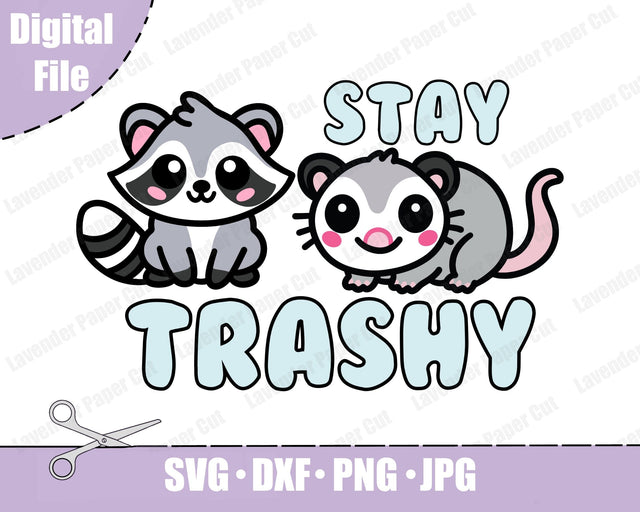Stay Trashy Possum Raccoon SVG, PNG, JPEG, Clipart, Sublimation. Kawaii Possum, Cute Racoon T shirt Design SVG Lavender Paper Cut 