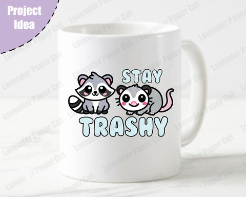 Stay Trashy Possum Raccoon SVG, PNG, JPEG, Clipart, Sublimation. Kawaii Possum, Cute Racoon T shirt Design SVG Lavender Paper Cut 