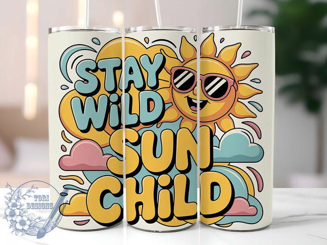 Stay Wild Sun Child 20oz Tumbler, Sun Child Phrase, Tropical Coastal Illustration, Sublimation Tumbler Wrap, 20oz Tumbler, Fun Summer Gift, Bright Beach Style Sublimation ToriDesigns 