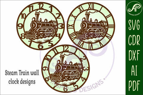 Steam Train clocks wall clock laser cut files SVG APInspireddesigns 