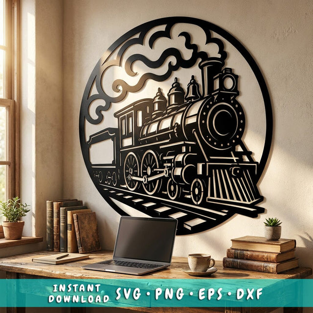 Steam Train Metal Wall Art SVG | Vintage Locomotive DXF | CNC Plasma Cut File | Railroad Engine Silhouette | Laser Cut Svg Png Eps SVG HappyDesignStudio 