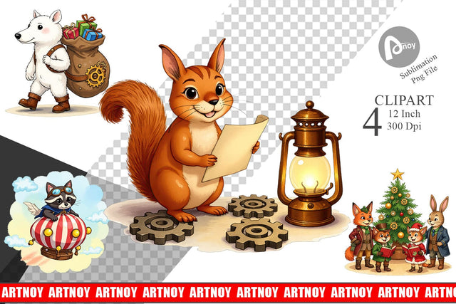 Steampunk Christmas Animals Clipart Sublimation artnoy 