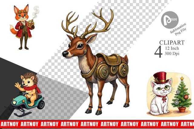 Steampunk Christmas Animals Clipart Sublimation artnoy 