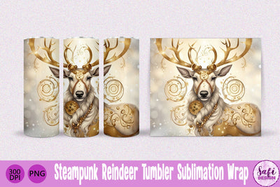 Steampunk Gold Reindeer Skinny Tumbler Sublimation Wrap Sublimation Safi Design 